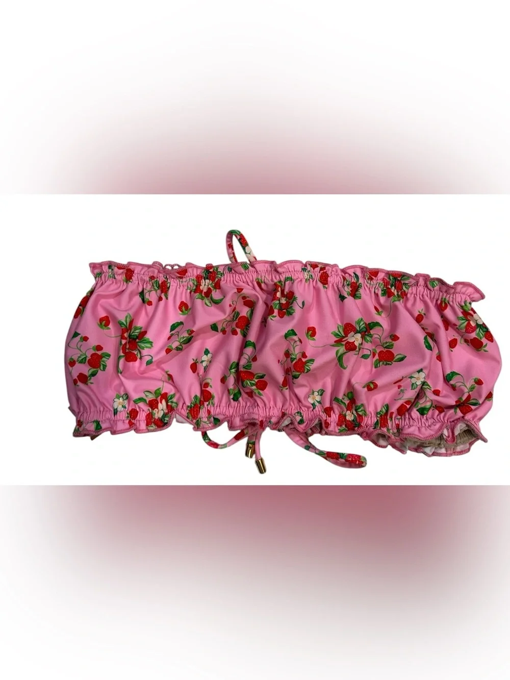 pily Q pink strawberry print remi ruched bandeau bikini top